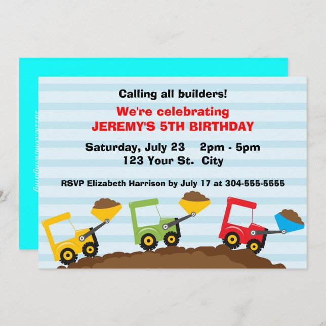 Kids Construction Site Birthday Invitation (Front/Back)