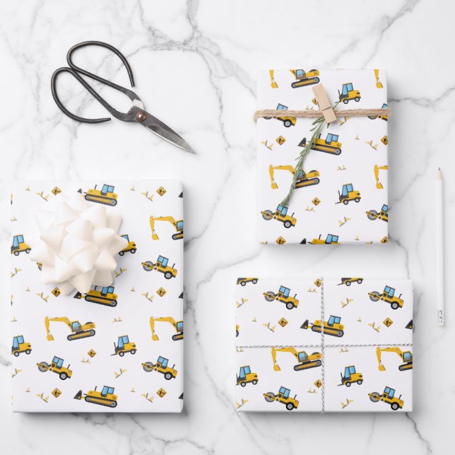 Kids Construction Truck Crane Birthday Gift Wrapping Paper Sheet (Front)