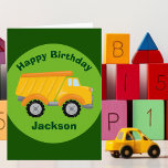 Kids Construction Truck Custom Boys Birthday Card<br><div class="desc">A cool yellow dump truck on a cute custom green card for a little boy who likes construction vehicles and cars. Personalise this happy birthday greeting card with your toddler or kids name.</div>