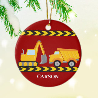 Kids Construction Truck Custom Boys Red Christmas Ceramic Ornament