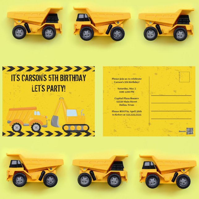 Kids Construction Vehicle Custom Birthday Party Postcard (Creator Uploaded)