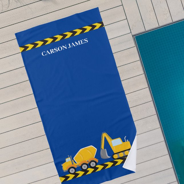Kids Construction Vehicle Custom Boys Blue Beach Towel (Creator Uploaded)