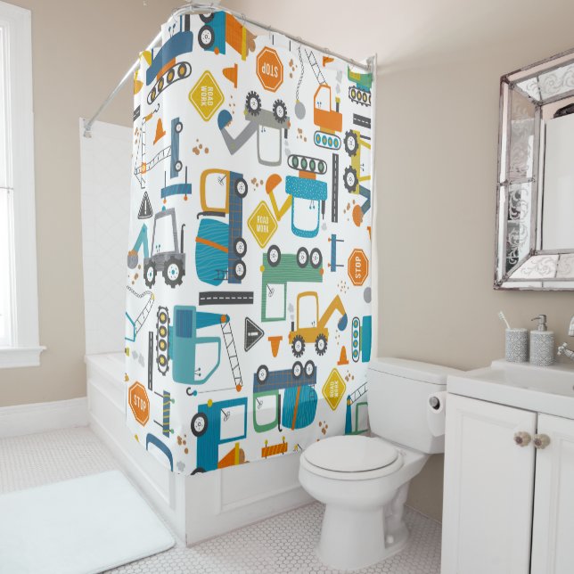 Kids Construction Vehicles Doodle Shower Curtain (In Situ)
