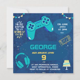 Kids Cool Blue Video Game Kids Birthday Invitation
