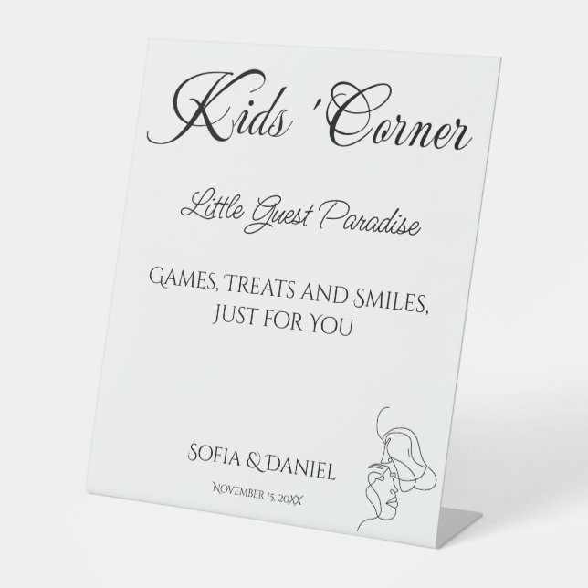 Kids Corner Minimalist Elegant Wedding Pedestal Sign (Front)