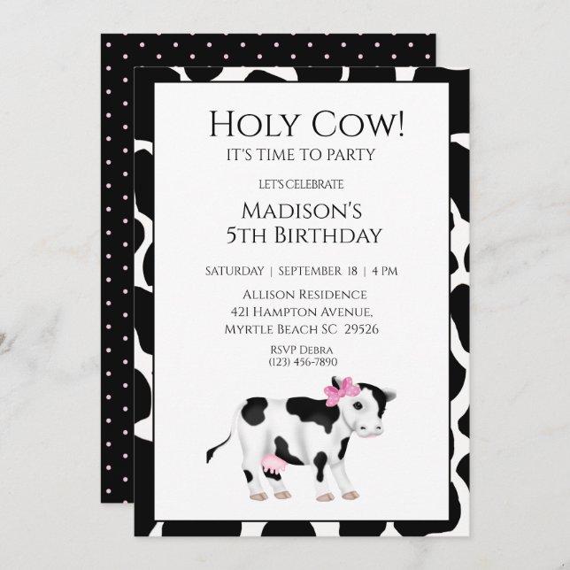 Kids Cow Print Girls Birthday Party Invitation (Front/Back)