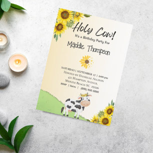 Kids Cow Sunflower Girls Boys Birthday Party Invitation