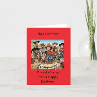 Kid's cowboy birthday-round e'm up partner card