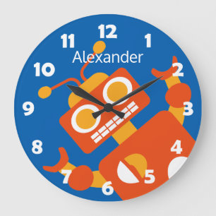 Kids Crazy Orange Robot Personalised Cool Blue Large Clock