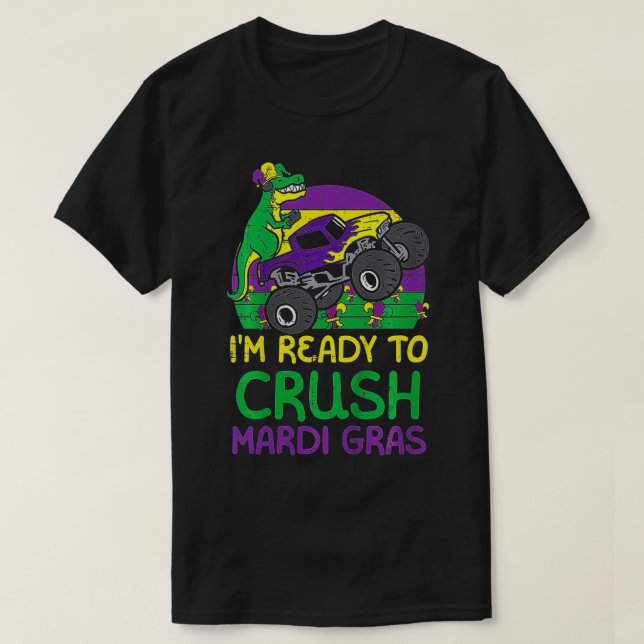 Kids Crush Mardi Gras Dino Monster Truck Funny Tod T-Shirt (Design Front)