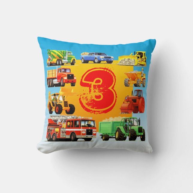 Kid's Custom 3rd Birthday Construction Truck Cushion (Front)
