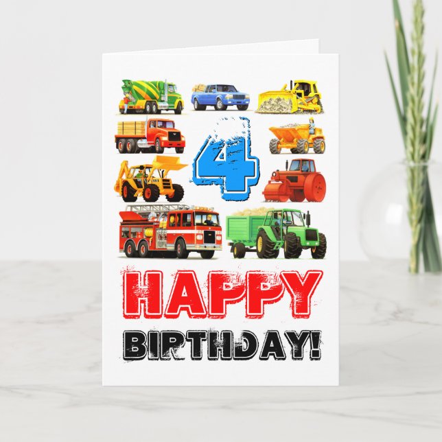 Kid's Custom 4th Birthday Construction Truck Card (Front)