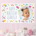 Kids Custom Age Birthday Cute Rainbow Hearts Photo Banner<br><div class="desc">Celebrate the magic of turning two with this cute and colourful party banner! A fun template personalised with your child's photo and name. Colourful rainbows, hearts, stars, and the all-important birthday age are repeated throughout the design. Perfect for celebrating kids' 1st, 2nd, 3rd, 4th or 5th early years, and a...</div>