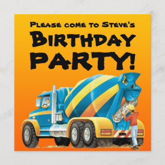 Kids Custom Concrete Mixer Truck Party Invitation