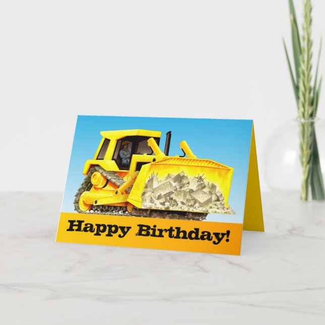 Kids Custom Construction Happy Birthday Bulldozer Card (Front)