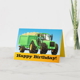 Kid's Custom Green Farm Tractor Happy Birthday Card