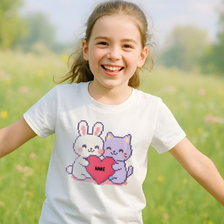 Kids’ Custom Kawaii Pixel Bunny & Cat Heart T-Shir T-Shirt