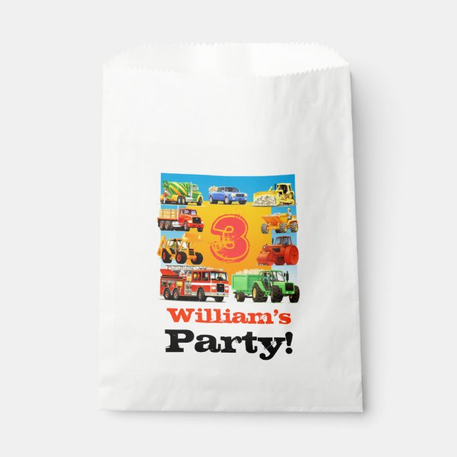 Kids Custom Name Construction Truck Birthday Party Favour Bag (Front)