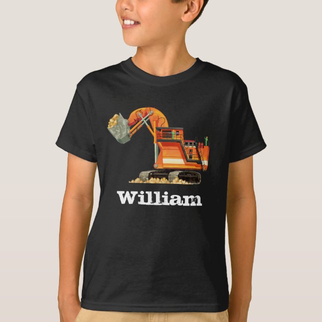 Kid's Custom Name Construction Truck Digger T-Shirt (Front)