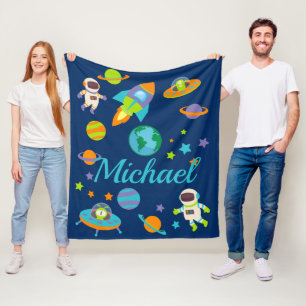 Kids Custom Name Outer Space Rocket Ship Fleece Blanket