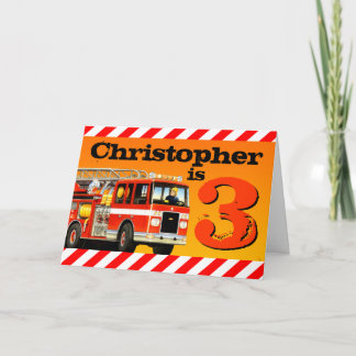 Kids Custom Name Red Fire Truck Happy 3rd Birthday Card