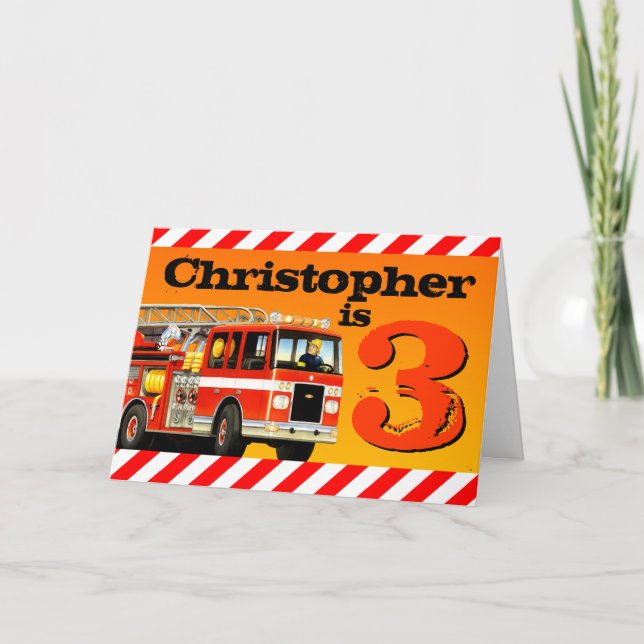 Kids Custom Name Red Fire Truck Happy 3rd Birthday Card (Front)