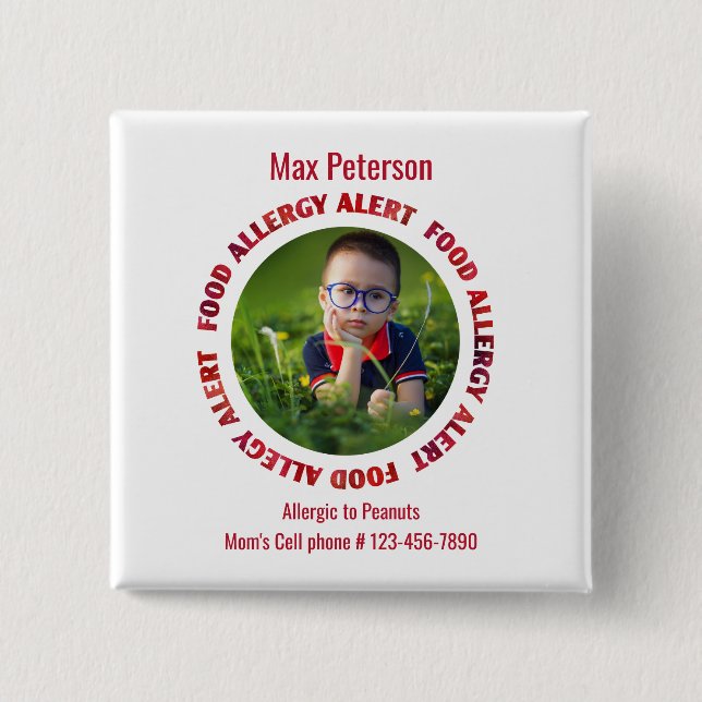 Kids Custom Photo Food Allergy Medical Alert 15 Cm Square Badge (Front)