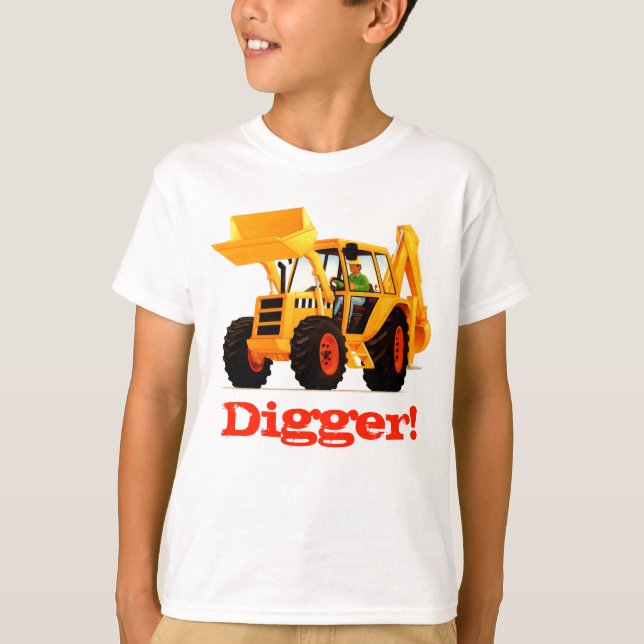 Kids Custom Slogan Yellow Construction Digger T-Shirt (Front)