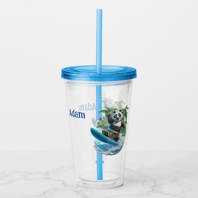 Kids Customised Surfing Panda  Acrylic Tumbler (Front)