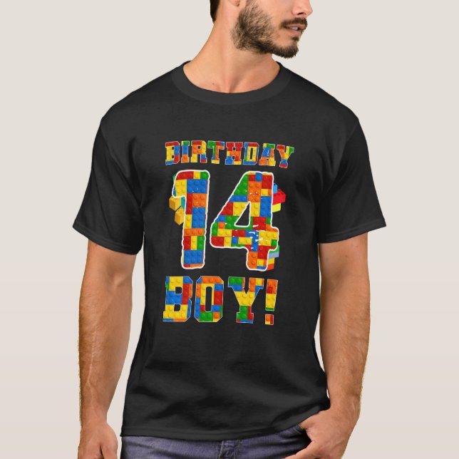 Kids Cute 14th Birthday  14 Years Old Block Buildi T-Shirt (Front)