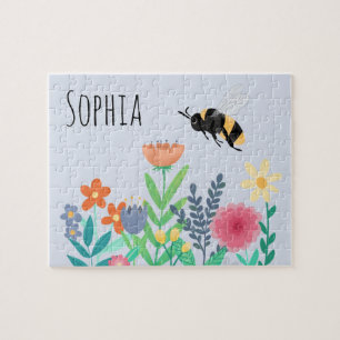 Kids Cute and Whimsical Bumblebee Bee and Flowers Jigsaw Puzzle