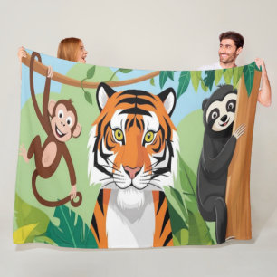 Kids Cute Animals Jungle Tiger Monkey Bird Fleece Blanket
