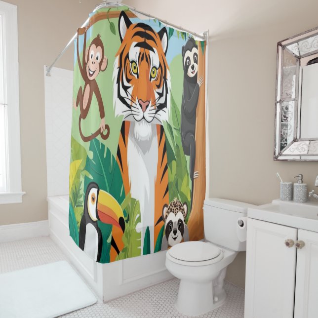 Kids Cute Animals Jungle Tiger Monkey Bird Shower Curtain (In Situ)