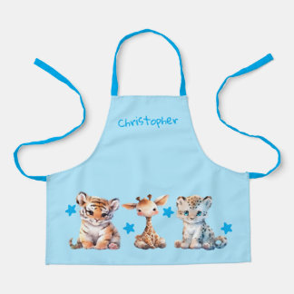 Kid's cute animals stars add name blue apron