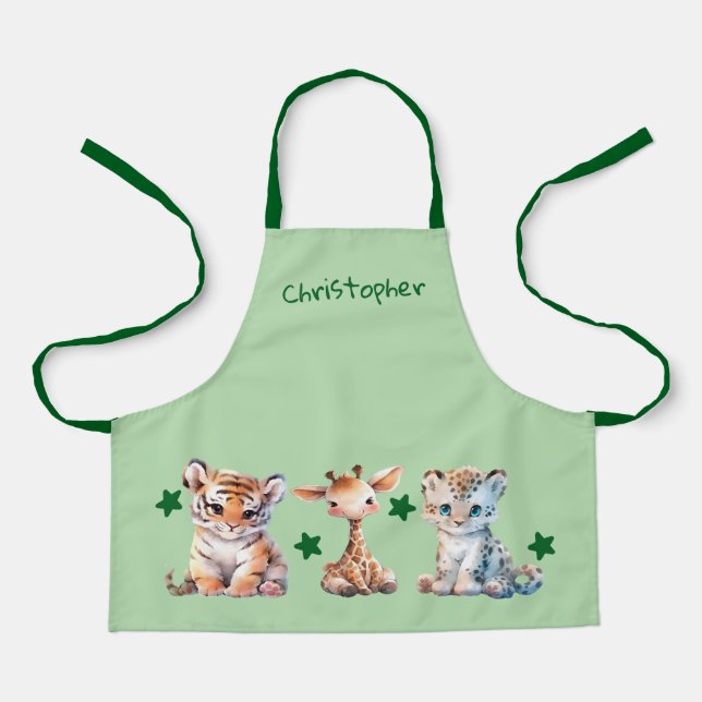 Kid's cute animals stars add name green apron (Front)