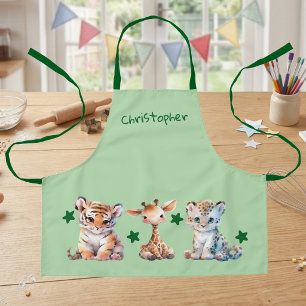 Kid's cute animals stars add name green apron