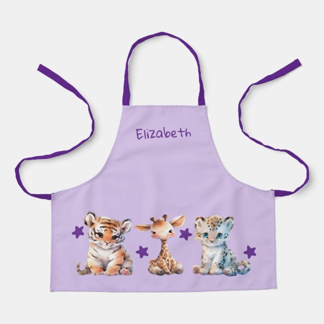 Kid's cute animals stars add name purple apron (Front)