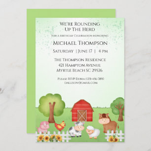 Kids Cute Barnyard Animals  Birthday Invitation