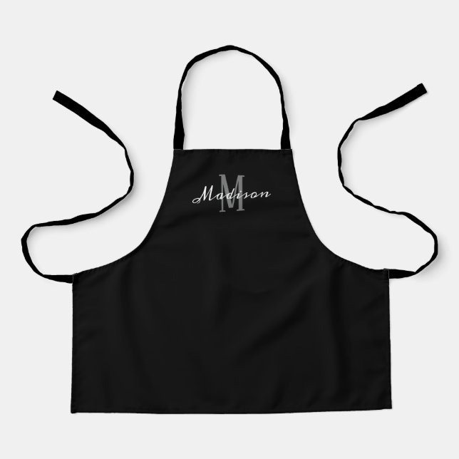 Kids Cute Black White Script Monogram Personalised Apron (Front)
