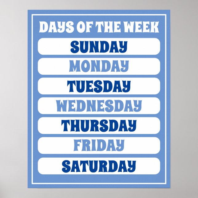 Kids Cute Blue Days Of The Week Learning Boys Room Poster (Front)