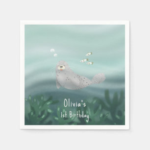 Kids Cute Blue Ocean Seal 1st Birthday Napkin