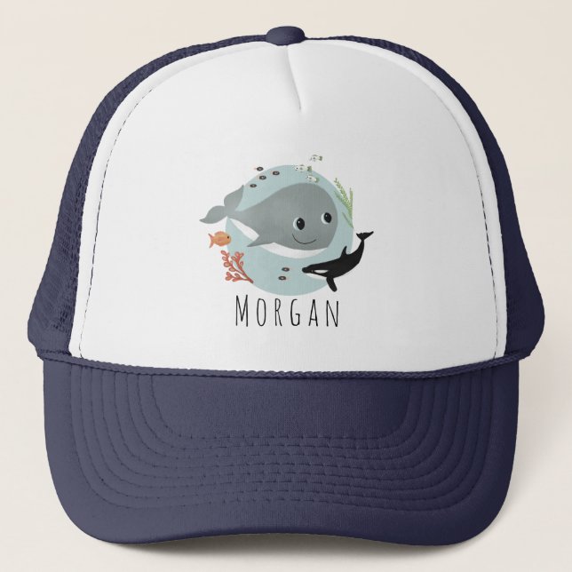 Kids Cute Blue Ocean Whale and Sea Fish Trucker Hat (Front)