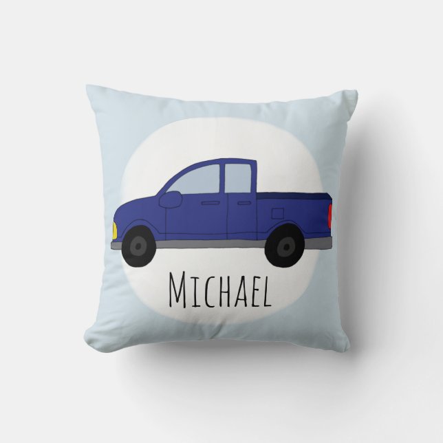 Kids Cute Blue Pickup Truck Boys Name Nursery Cushion (Front)