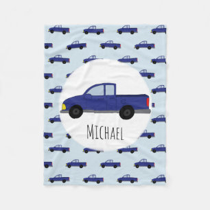 Kids Cute Blue Pickup Truck Cartoon Boys Name Fleece Blanket