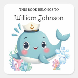 Kids Cute Blue Whale Library Bookplate Square Sticker