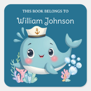 Kids Cute Blue Whale Library Bookplate Square Sticker