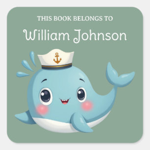 Kids Cute Blue Whale Library Bookplate Square Sticker