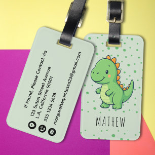 Kids Cute Cartoon Dinosaur Green Polka Dots Luggage Tag