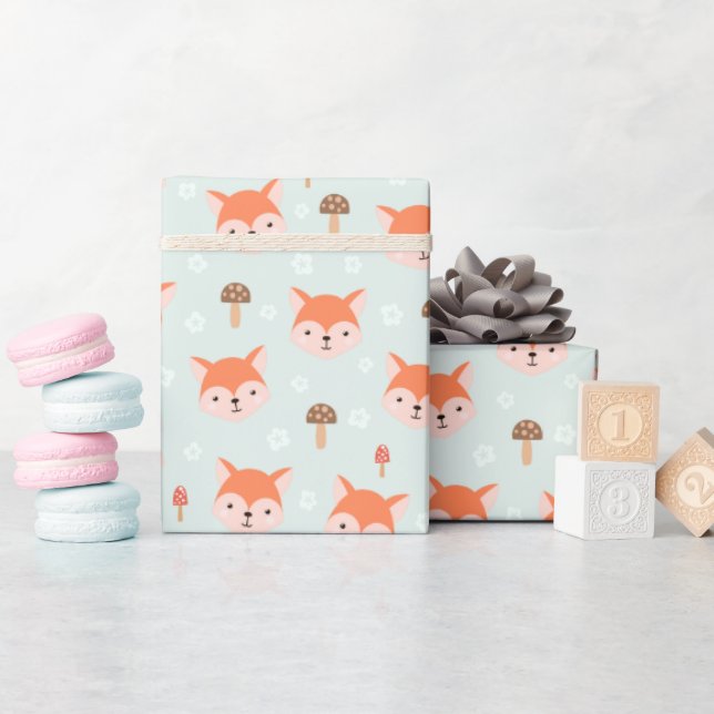 Kids Cute Cartoon Fox Faces Mushrooms Wrapping Paper (Baby Shower)