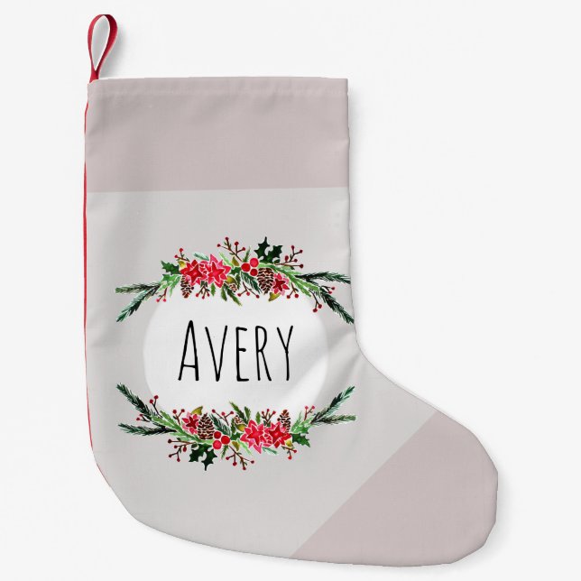 Kids Cute Christmas Flower Wreath and Name Small Christmas Stocking (Front)
